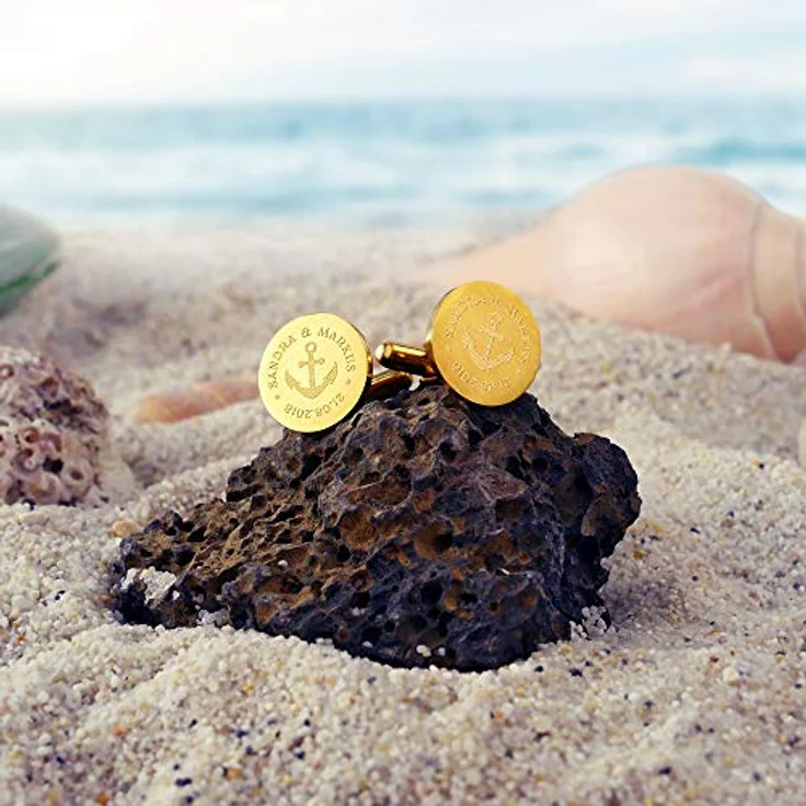 Gravado Runde Manschettenknöpfe 18K Gold-Edelstahl mit Anker Gravur, personalisiert mit Namen und Datum, Anzug Accessoires für Herren – Bild 3