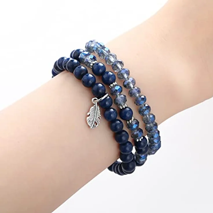 FULU AUTUMN Perlenarmband Set, mehrschichtiges Boho Damen Armband aus Natursteinen, elastisch, dunkelblau – Bild 3