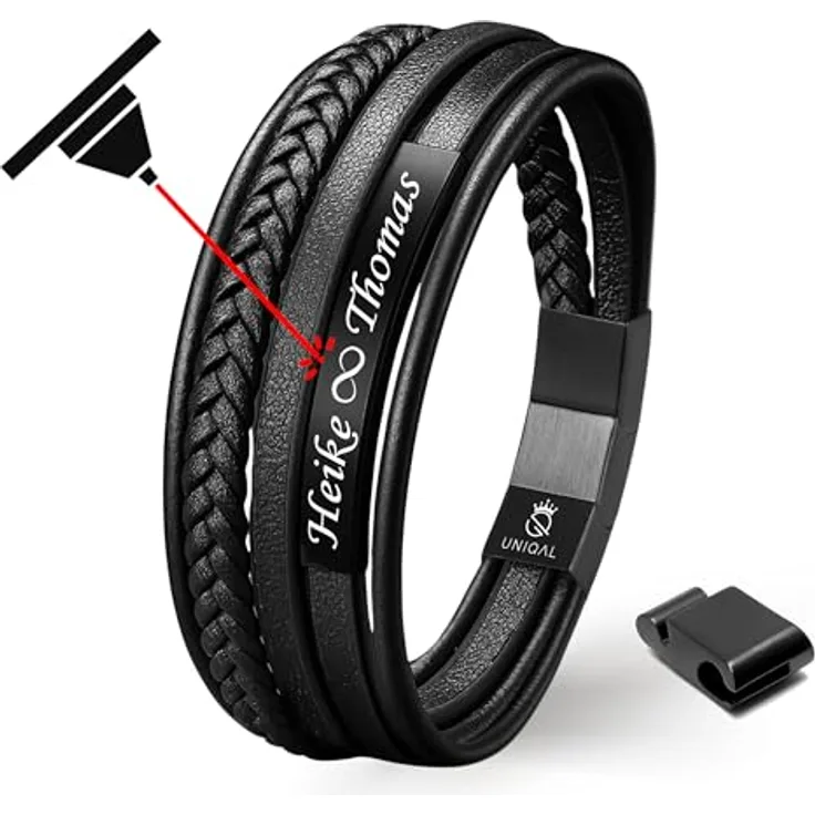 Q UNIQAL STORE GERMANY UNIQAL Personalisiertes Lederarmband mit Gravur "SHAPE" für Herren und Damen, Magnetverschluss, Echtes Rindsleder, Schwarze Platte, 21 cm