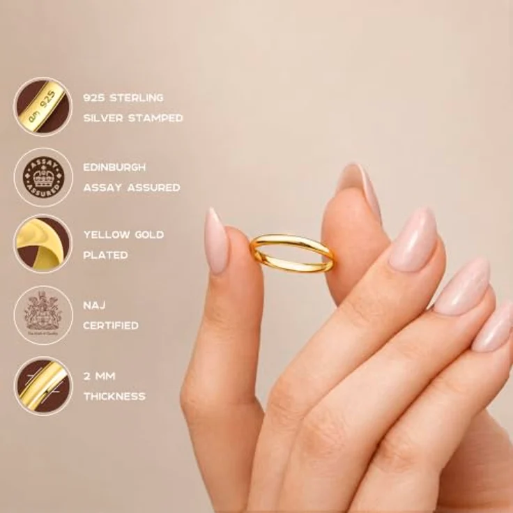 Amberta Hochzeitsringe 925 Sterling Silber, Eheringe für Paare mit Gelbgold- oder Roségold-Beschichtung, 2 mm Ringgröße 64 – Bild 5