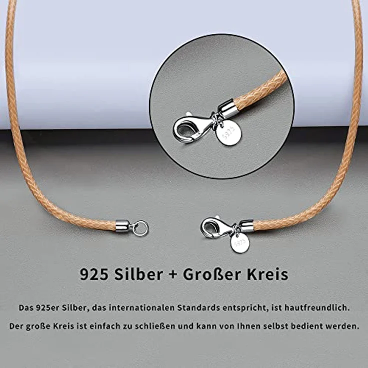 Viwind Lederkette, 925 Silber Verschluss, geflochten, Kunstleder, 2.5mm breit, unisex, 60cm, khaki, für Anhänger – Bild 2