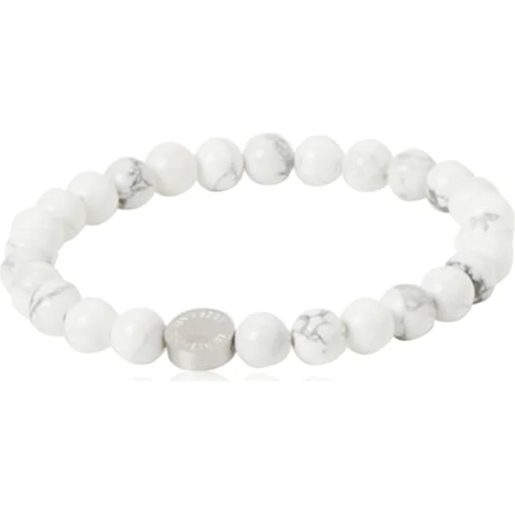 LIEBESKIND Berlin Howlite-Beadsarmband 6mm mit Edelstahl Logotag, flexibles Zugarmband, circa 18 cm lange, Damen-Schmuckstück – Bild 3