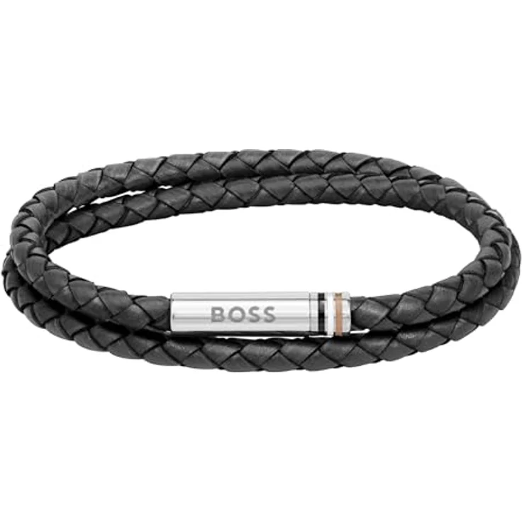 BOSS Jewelry ARES Lederarmband für Herren, schwarzes Leder mit Edelstahlverschluss, 190 mm Umfang, magnetischer Verschluss, drei ikonische BOSS-Farben – Bild 1