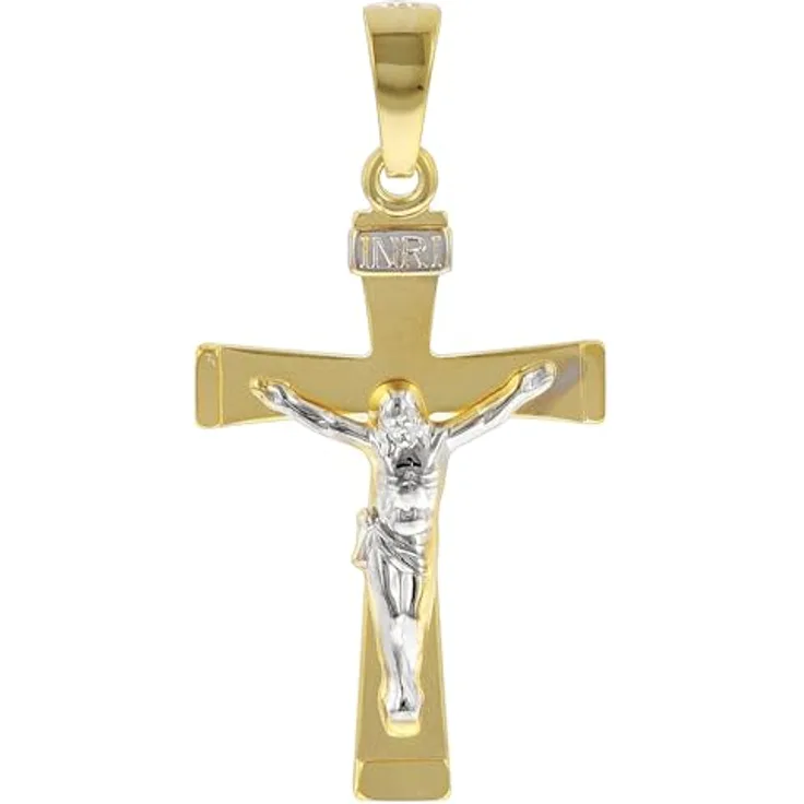 trendor Kruzifix-Anhänger für Herren 585 Gold Bicolor, eleganter 29 mm Kreuzanhänger aus Echtgold, modisches Schmuckstück, Geschenkidee in Geschenk-Box