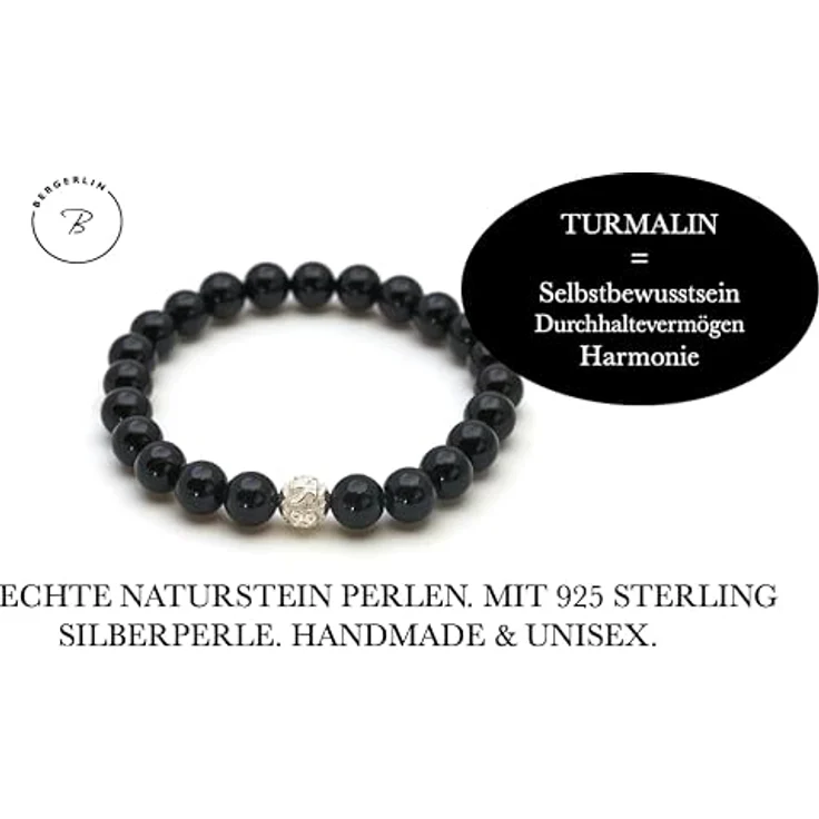 BERGERLIN Turmalin Armband, Perlenarmband aus echtem Naturstein mit 925 Sterling Silberperle, Handgefertigt, Schwarz, Unisex, Größen XS-S und M-L – Bild 4