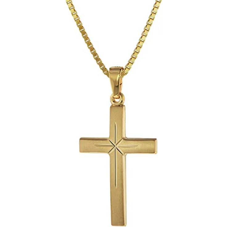 trendor Kreuz 24 mm Gold 333 (8 Karat) an goldplattierter Silberkette 42 cm, hochwertiger Damen- und Herren-Schmuck, in Geschenk-Box
