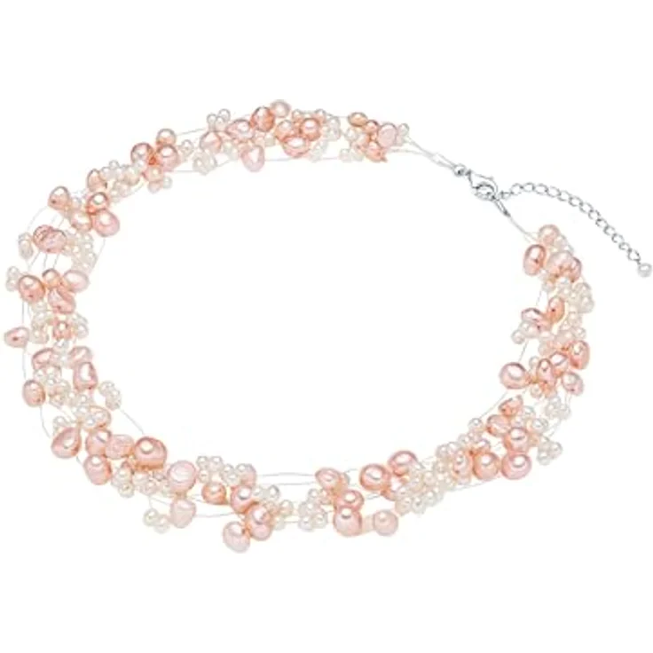 Valero Pearls Damen-Halskette, Hochwertige Süßwasser-Zuchtperlen 4-6 mm Barock, rosa-weiße Farbkombination, mit 925er Sterlingsilber Karabinerverschluss – Bild 2