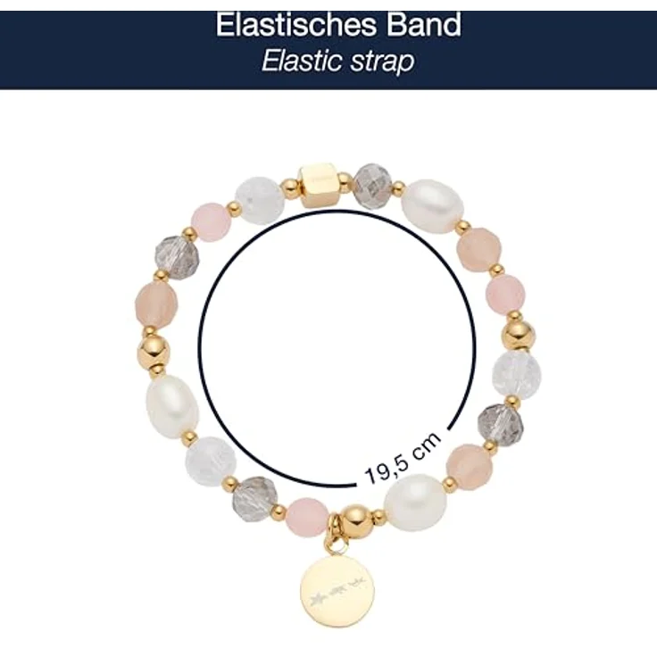 JEWELS BY LEONARDO Armband Hope, elastische Armkette aus goldfarbenem Edelstahl mit Glas-, Achat- und Süßwasserperlen, 19,5 cm, inklusive gravierbarem Anhänger, Schmuck Geschenk für Frauen, Modell 025930 – Bild 2