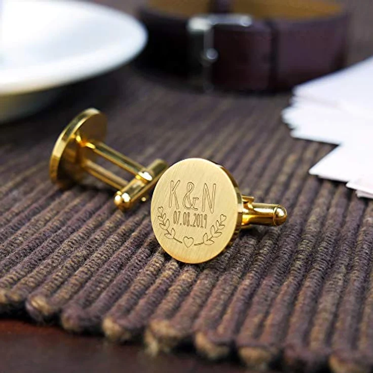 Gravado Mondgold Runde Manschettenknöpfe, Gold-Edelstahl 18K mit Blätter Gravur, personalisiert mit Initialen und Datum, Anzug Accessoires – Bild 5