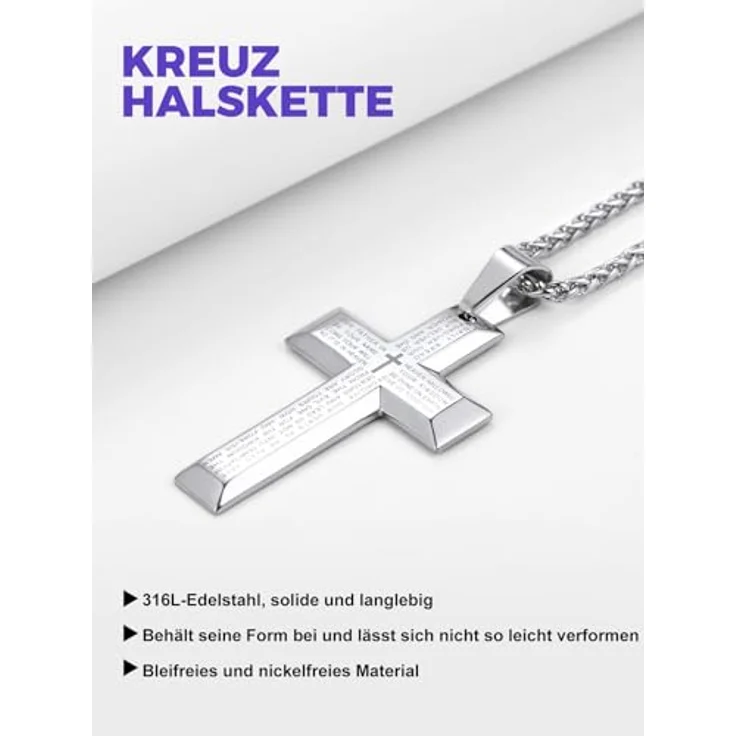 Richsteel Kreuzkette Edelstahl, Unisex Kreuz mit Vaterunser, 18k vergoldet, Schwarz/Silber, für Jungen und Herren – Bild 2