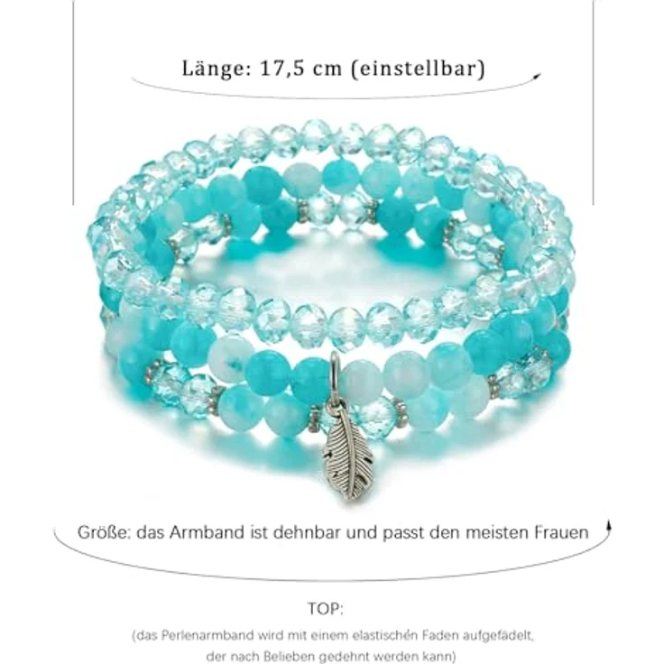 FULU AUTUMN Perlenarmband Set, Stretch Damen Armband, 3-lagig, Boho Modeschmuck, Naturstein, Türkis – Bild 5