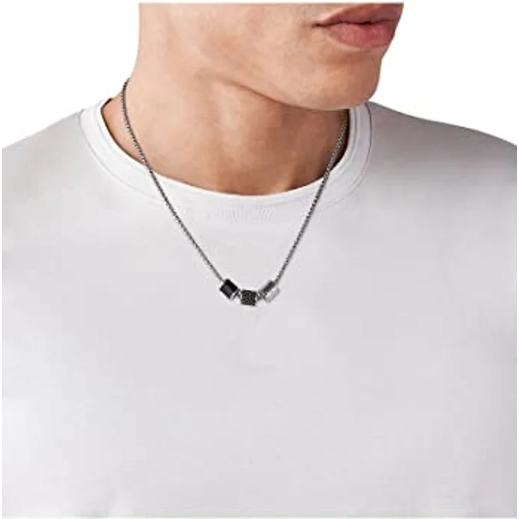 EMPORIO ARMANI Herren Halskette EGS2383020, 52,5 cm Silber Edelstahl mit Rondelle aus schwarzem Leder und silbernem Mesh – Bild 3
