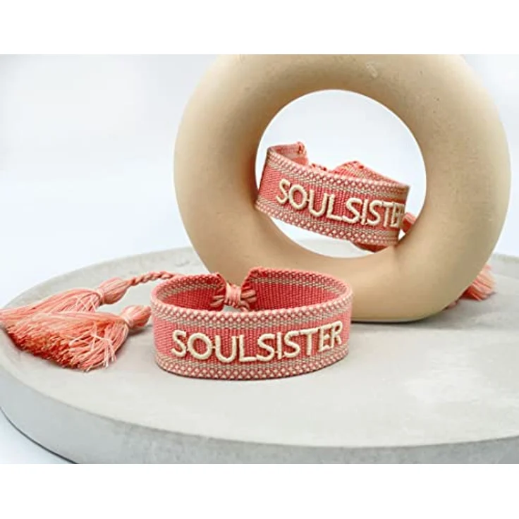 LS-LebenStil Soulsister Armband, Rosa Weiß, Quasten, besticktes Boho Canvas Webarmband, 16-20cm, Damen Freundschaftsarmband, waschbar – Bild 5