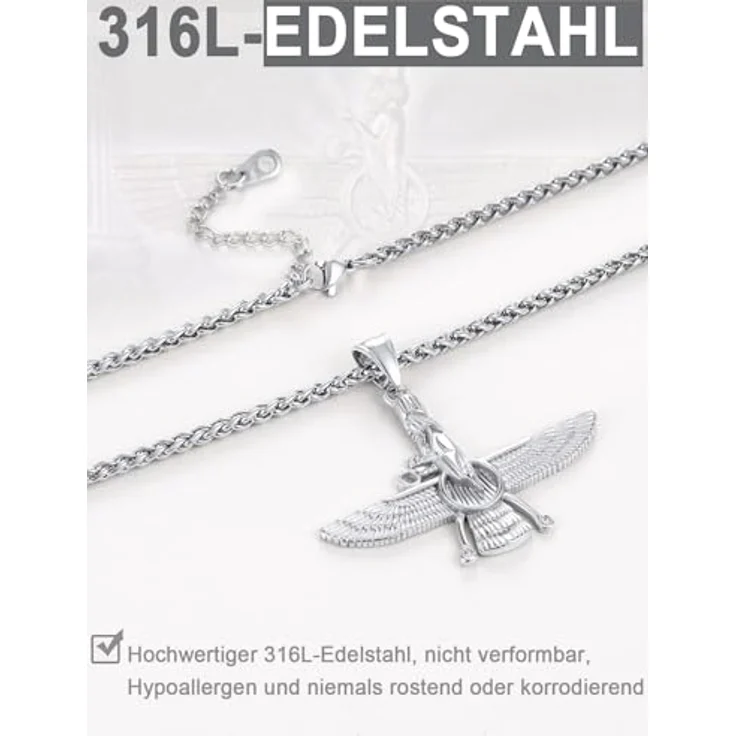 U7 Herren Faravahar Anhänger Halskette Edelstahl, Silber mit verstellbarer Weizenkette, Zoroastrismus Symbol Amulett für Männer – Bild 5