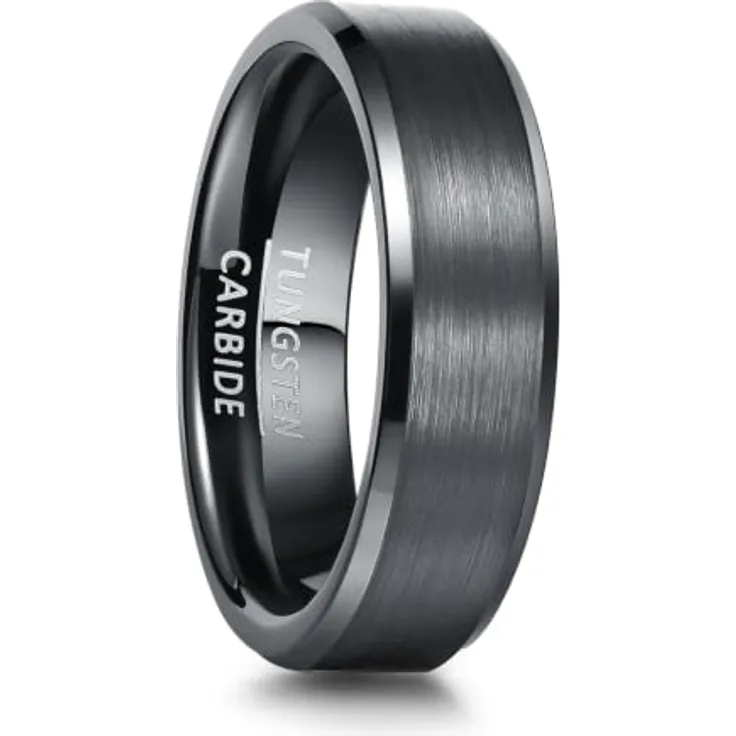 083BASE Unisex Wolfram Ring Schwarz/Silberblau, Gebürstetes Metall-Design mit schrägen Kanten, 4mm/6mm/8mm Breite