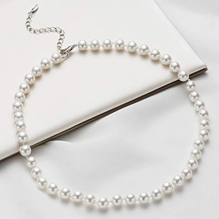 Bulinlin Damen Choker Halskette mit 8mm Weißen Muschelperlen und Silbernen Kupferperlen, Boho Statement Schmuck für Frauen, Allergiefrei mit Geschenkbox – Bild 4