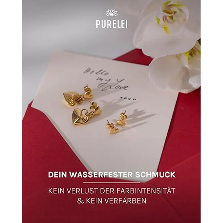 Purelei Secret Love Ohrringe Damen, Herzform aus goldbeschichtetem Edelstahl, elegante und wasserfeste Ohrstecker, langlebig und antiallergen, perfekte Geschenkidee – Bild 5