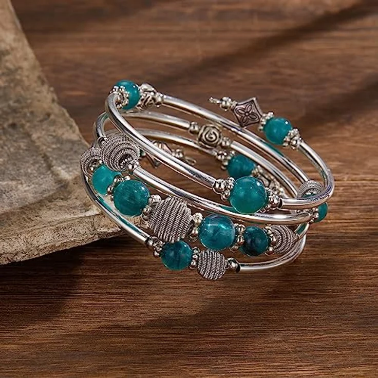 Bulinlin Wickelarmband mit Naturstein Perlen, Mehrschichtiges Damen Armband in Meergrün, ideal als Geburtstags Modegeschenk – Bild 4