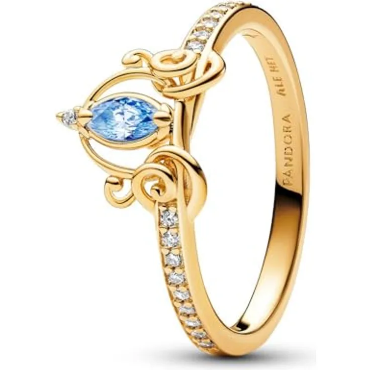 Pandora Damenring Disney Cinderellas Kutsche, goldfarben, mit blauem und weißen Zirkonia, Größe 60/19,1