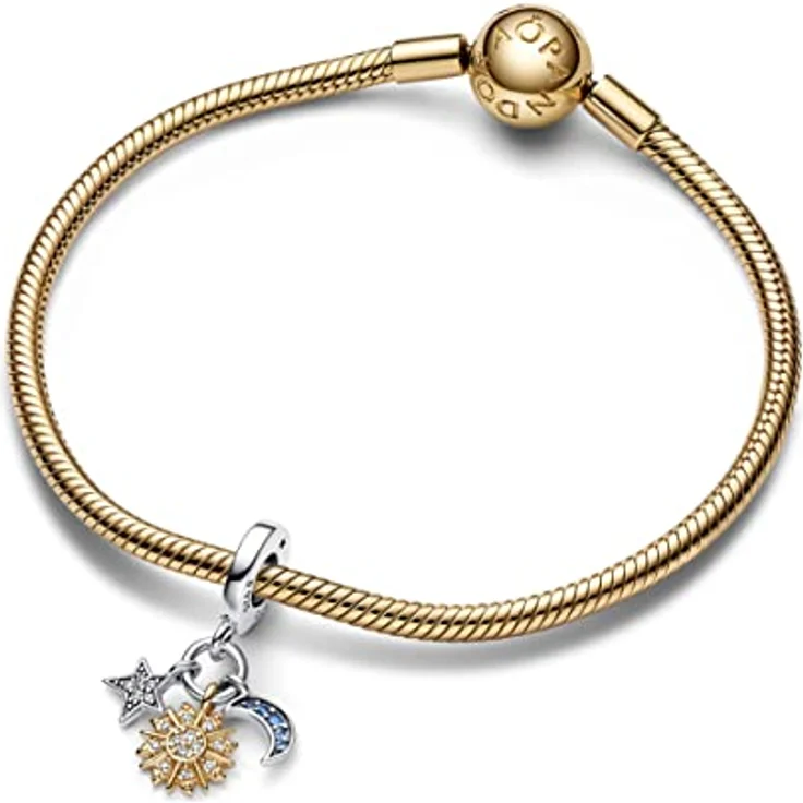 PANDORA Bicolor Himmlischer Dreifacher Charm-Anhänger aus Sterling Silber und 14 Karat vergoldeter Metalllegierung mit Cubic Zirkonia, Sonne, Stern und Halbmond, kompatibel mit Moments, 762676C01 – Bild 3