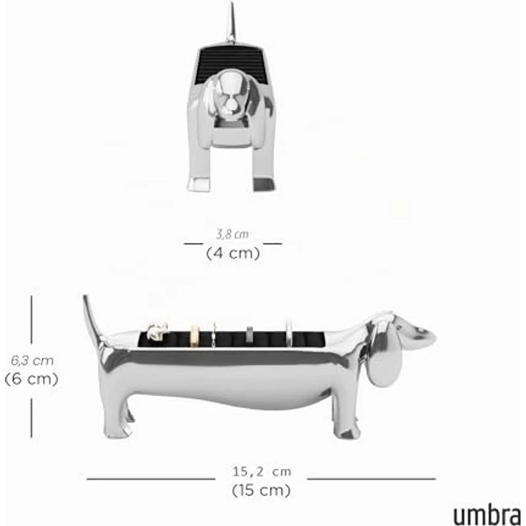 Umbra Dachsie Ringhalter Schmuckaufbewahrung für bis zu 10 Ringe, Chrom, niedliches Dackeldesign mit Ringpolsterung – Bild 3