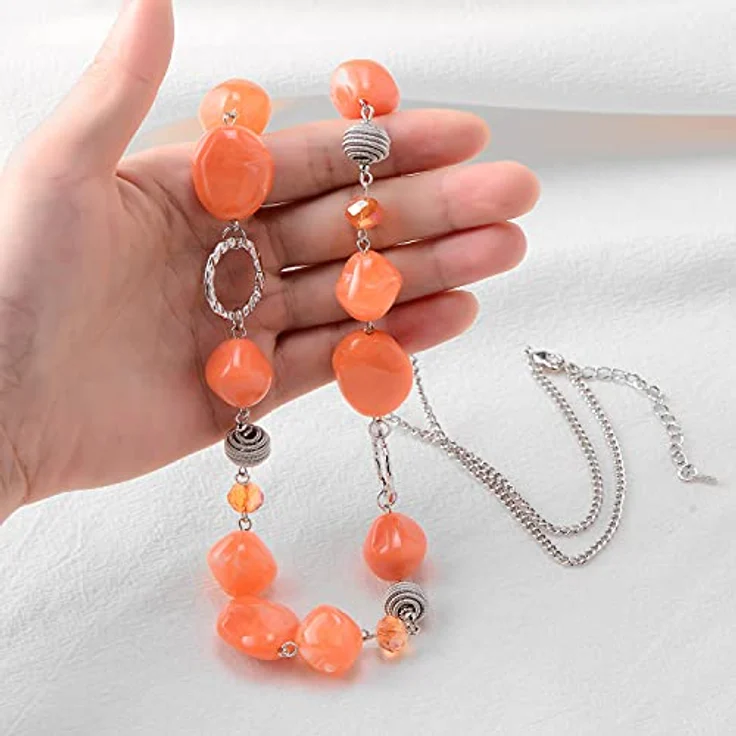 Bulinlin Silber Perplen Lange Kette für Damen, Boho Statement Chain Halskette in Dunkel Orange, 35+3 Zoll – Bild 3