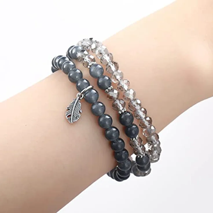 FULU AUTUMN Perlenarmband Set, Mehrschichtiges Stretch Damen-Armband aus Naturstein und Kristall, Boho Modeschmuck in Grau, ideales Geburtstagsgeschenk für Mama und Oma – Bild 3