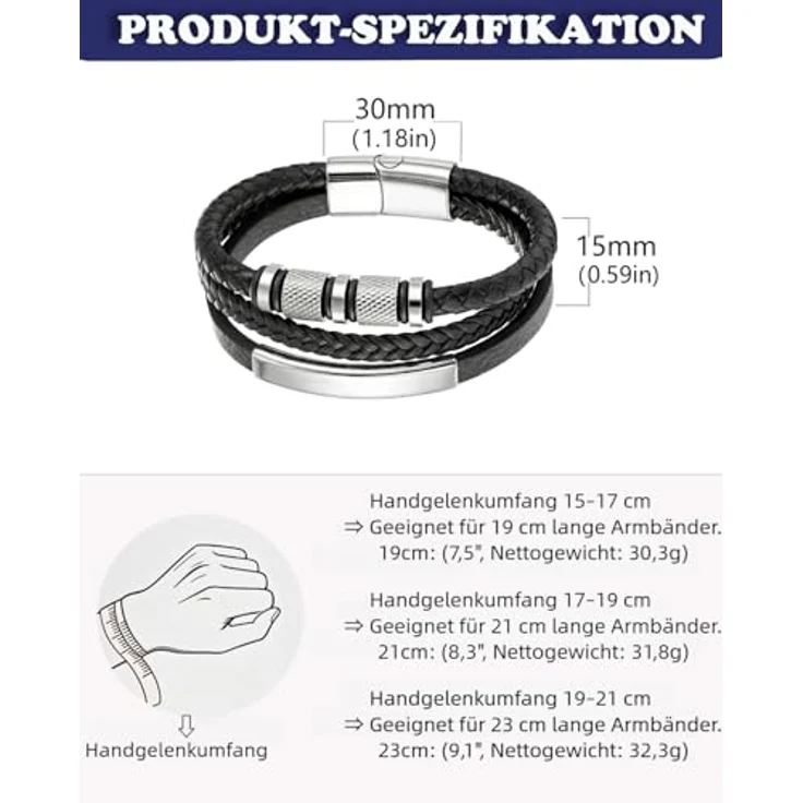 Fantocemea Herren-Lederarmband, geflochten mit Edelstahl-Magnetschließe, 19 cm (erweiterbar auf 20,5 cm), atmungsaktiv und schweißabsorbierend, Geschenkset für Geburtstag und Valentinstag – Bild 5