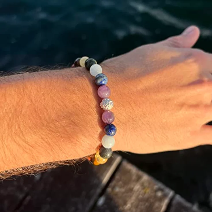 BERGERLIN 7 Chakren Armband, echtes Naturstein Armband mit 8mm Lavastein und 925 Silberperle, Größe M-L – Bild 5