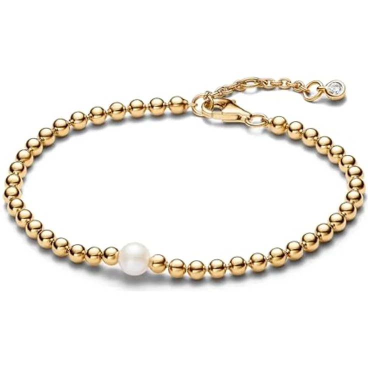 PANDORA Timeless Armband aus 14 Karat vergoldeter Metalllegierung mit behandelter Süßwasserzuchtperle und Kugeln, 20 cm, gold, 563173C01-20