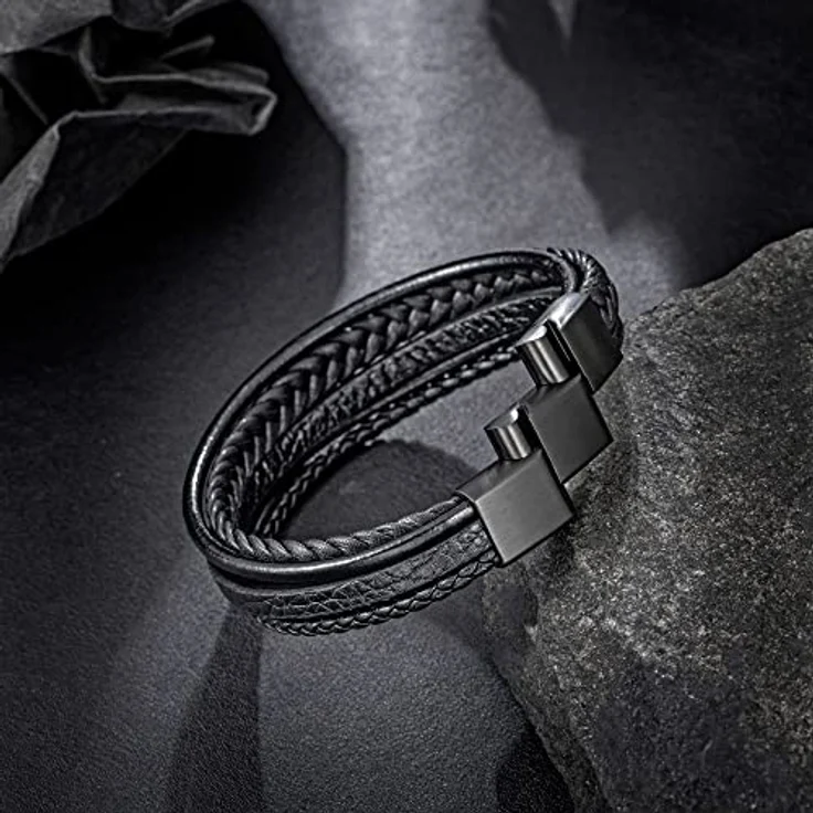 Speroto Lederarmband Herren, Schwarz, geflochten mit Edelstahl Magnetverschluss, 23 cm – Bild 3