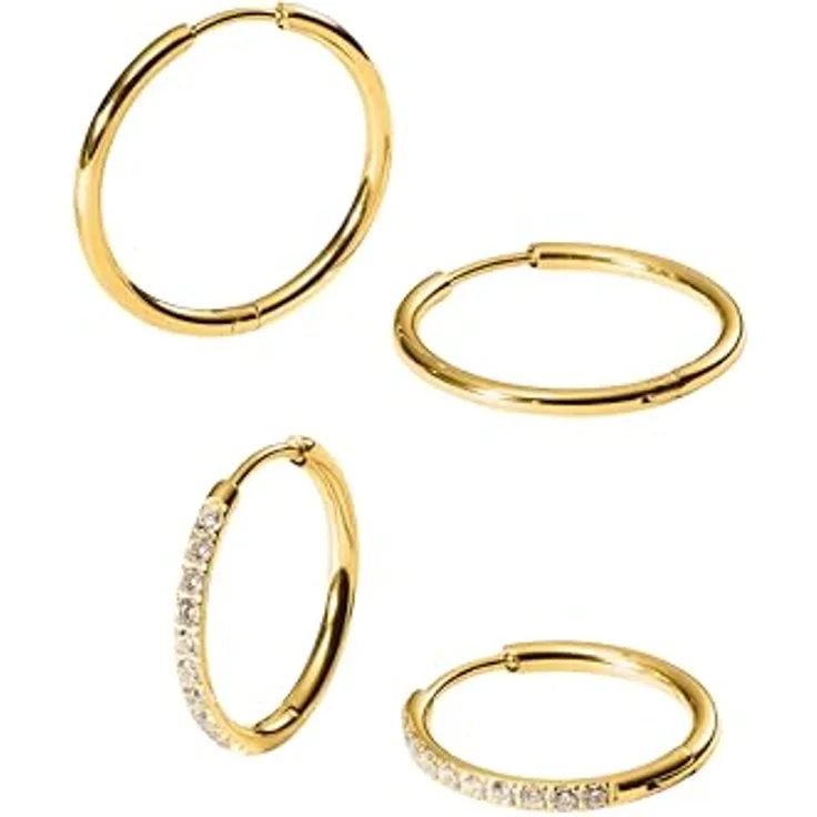 Purelei® Lovely Glitter Damen Ohrring-Set, 2 Paar Creolen in Gold, mit kleinen Zirkoniasteinen und schlichten großen Creolen, wasserfest, hypoallergen