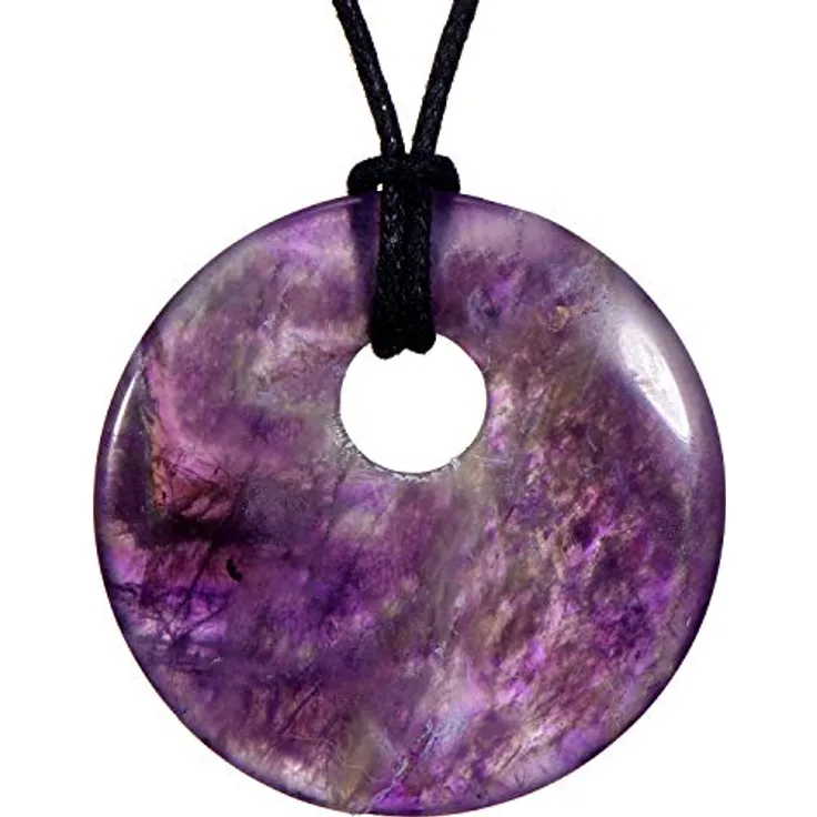 Morella Damen-Halskette 80 cm, runder Amethyst-Anhänger Ø 4,4 cm, im Samtbeutel, individuell kürzbar, Naturprodukt