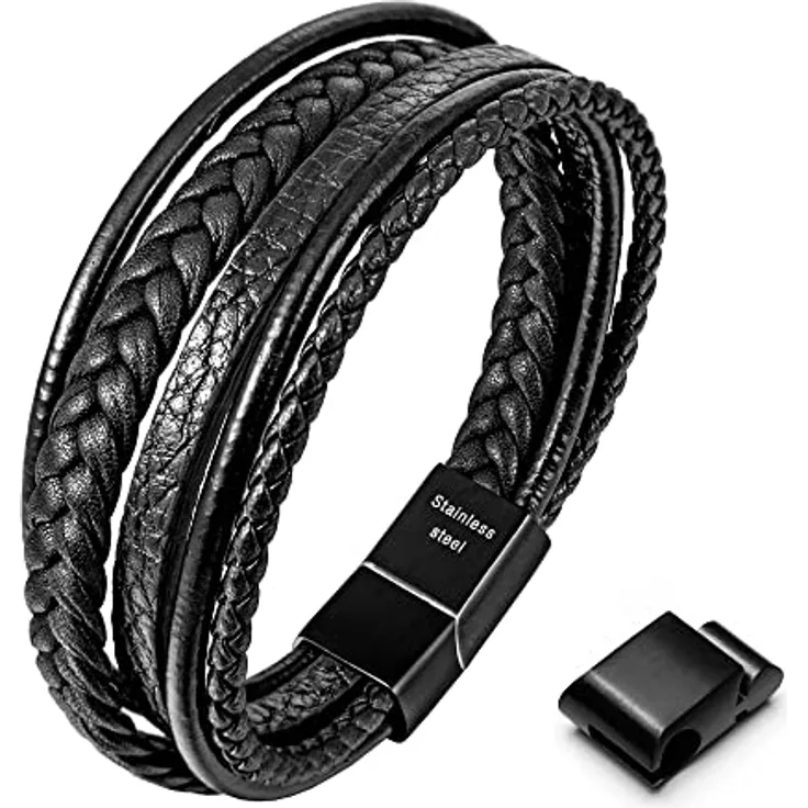 Speroto Lederarmband Herren, Schwarz, geflochten mit Edelstahl Magnetverschluss, 23 cm