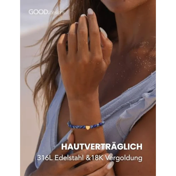 GD GOOD.designs Edelstein Lapislazuli Armband mit 18K vergoldetem Edelstahl Herz | Wasserfestes Perlenarmband mit 6 mm Naturstein Perlen | Elastisch 15–19 cm | Inkl. Schmuckbeutel – Bild 3