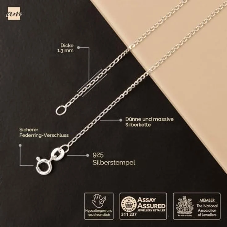 Amberta Echt 925 Sterling Silber Halskette, 40 cm lange Gliederkette für Damen und Herren, super dünne Schlangenkette mit hochglanzpolierter Oberfläche – Bild 5