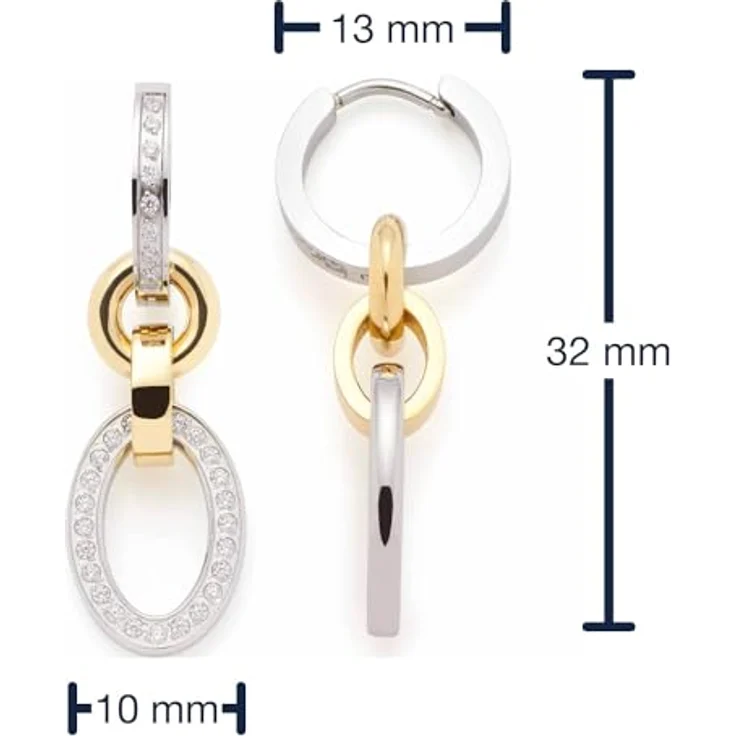JEWELS BY LEONARDO Kreolen Lena, Bicolor Edelstahl Ohr-Hänger mit abnehmbaren Ketten-Glied Anhängern und Zirkonia-Steinen, Schmuck Geschenk für Frauen, 3,2 x 1 x 1,3 cm – Bild 3