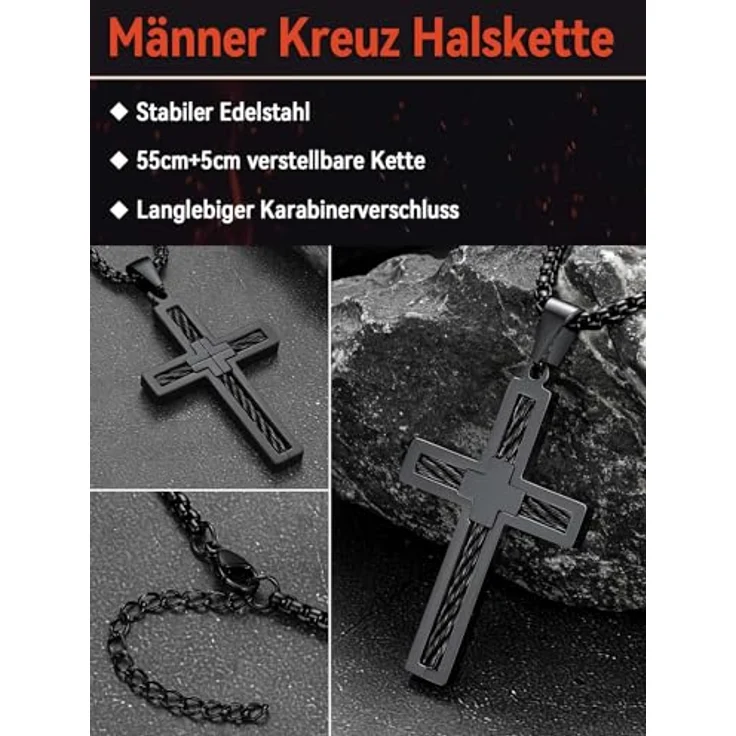FaithHeart Kreuz Kette Herren, Edelstahl Venezianierkette mit Kreuz Anhänger, 55 cm lang, schwarz, wasserdicht und hypoallergen – Bild 2