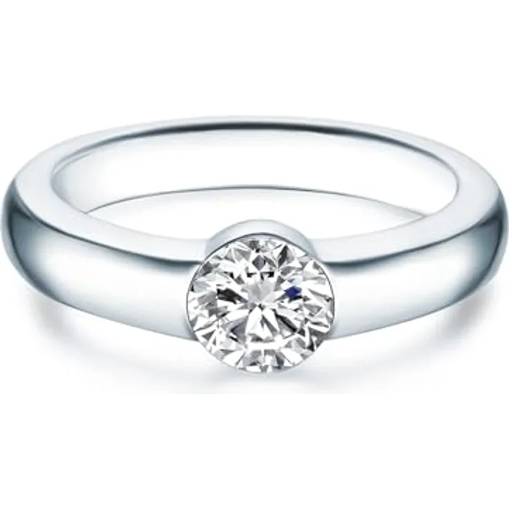 Trilani Damen-Solitärring 925/- Sterling Silber mit weißen Kristallen, eleganter Verlobungsring in Zargenfassung
