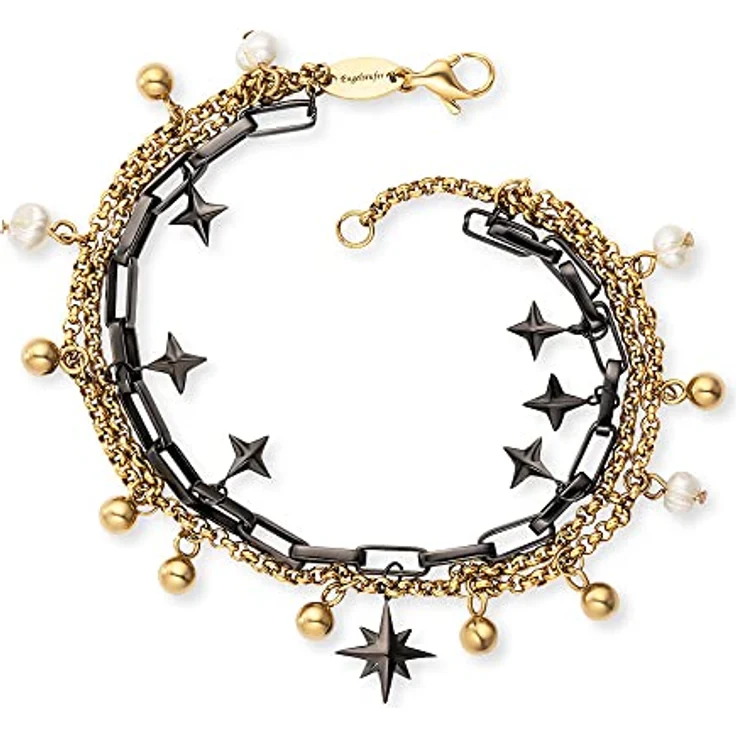 Engelsrufer Damen Armband Boho, schwarzer und vergoldeter Edelstahl mit Sterne und Perlen Anhänger, verstellbar von 17 cm bis 19 cm, nickelfrei – Bild 1
