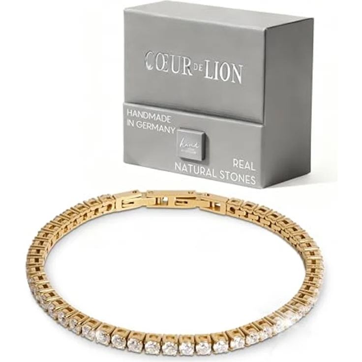 Coeur De Lion Tennisarmband, handgefertigt mit Zirkoniasteinen in vergoldetem Edelstahl, verstellbar 16,5 cm bis 18 cm – Bild 1