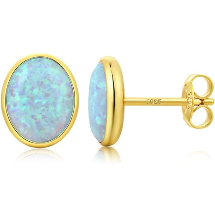 Jiahanzb Opal Ohrringe 925 Sterling Silber, ovale hypoallergene Ohrstecker mit 7 mm weißen Opalen, vergoldet – Bild 1