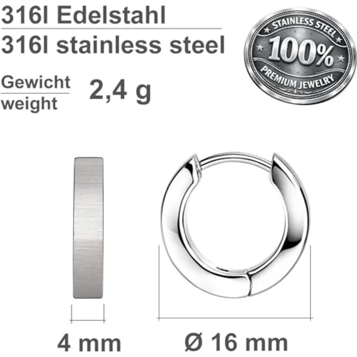 Soul-Cats Creolen aus gebürstetem Edelstahl, Unisex Ohrringe für Damen & Herren, schlicht und modern, Ø 16mm / 4mm breit, hypoallergen und langlebig – Bild 2