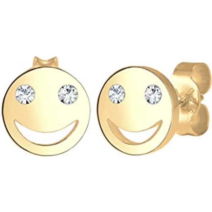 Elli Damen Ohrstecker Smiley Face Emoji mit Glaskristall, 925 Sterling Silber vergoldet