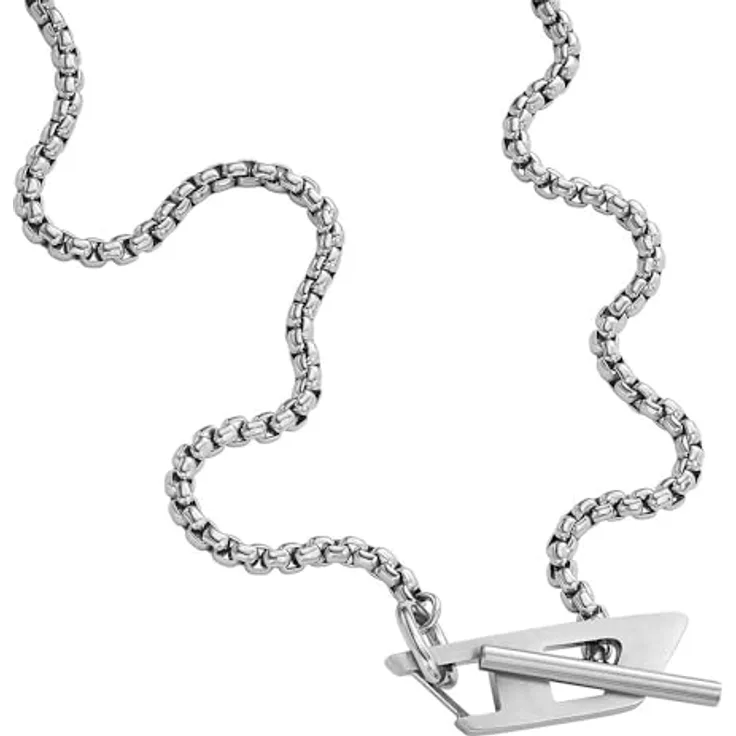Diesel Herren-Edelstahl-Halskette, gebürstetes Design mit Knebelverschluss, helles Silber
