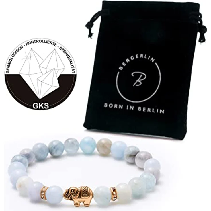 BERGERLIN Aquamarin Armband mit echten Naturstein Perlen, Elefant und elastischem Band, in verschiedenen Größen erhältlich – Bild 2