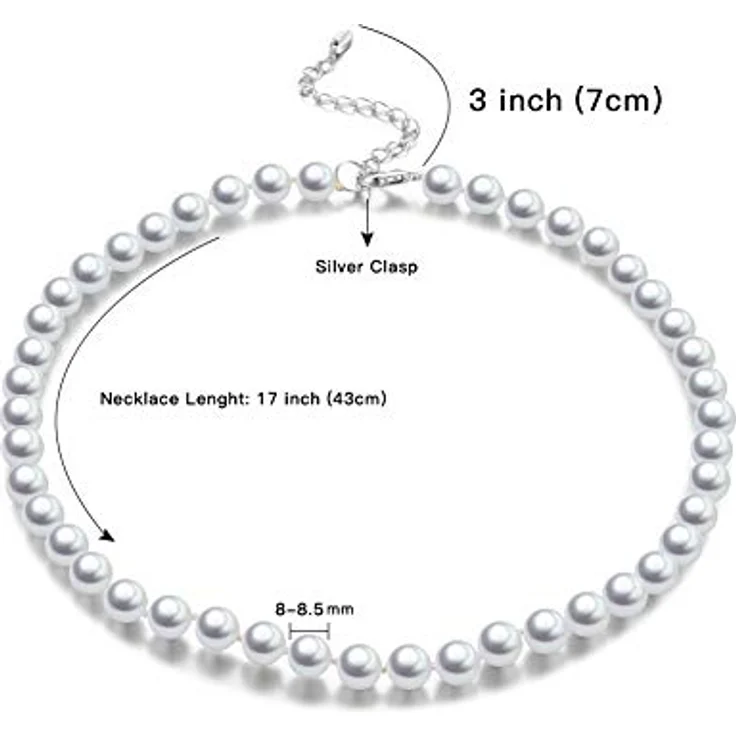 Bulinlin Damen Choker Halskette mit 8mm Weißen Muschelperlen und Silbernen Kupferperlen, Boho Statement Schmuck für Frauen, Allergiefrei mit Geschenkbox – Bild 5