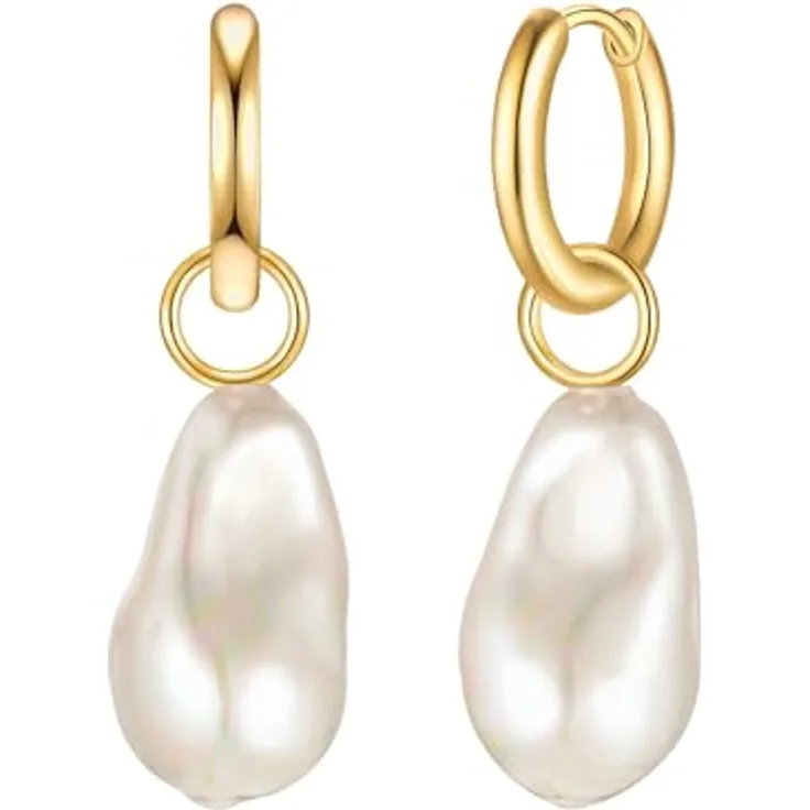 Yokoamii Damen Ohrringe, gelbvergoldet 14 Karat mit barock Muschelkernperle ca. 12,0-12,5 mm, Modeschmuckcreolen mit Klappverschluss