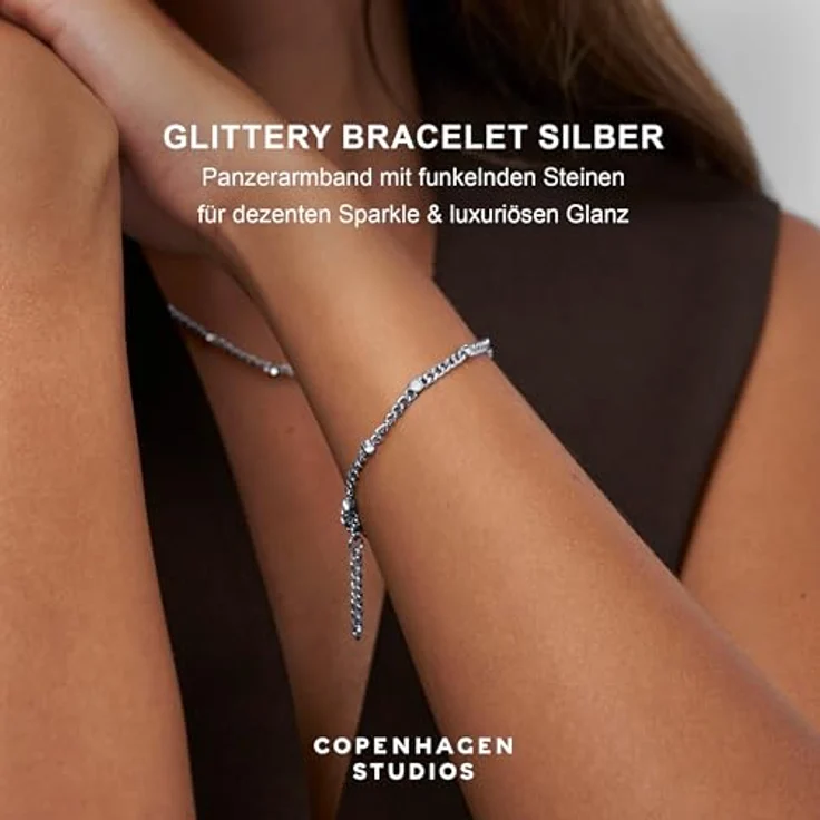 Copenhagen STUDIOS Glittery Armband, silber, Damenarmband aus poliertem Edelstahl mit Strasssteinen, verstellbare Länge (17-21 cm), wasserfest – Bild 2