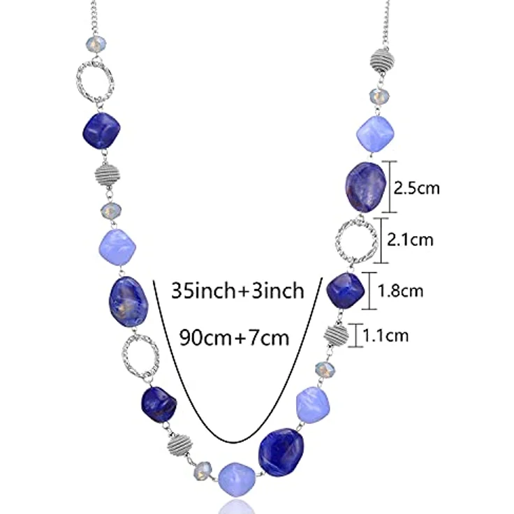 Bulinlin Lange Silber Perlenkette für Damen, Boho Statement Chain Halskette in Dunkelblau, Modeschmuck für Geburtstagsgeschenke – Bild 5